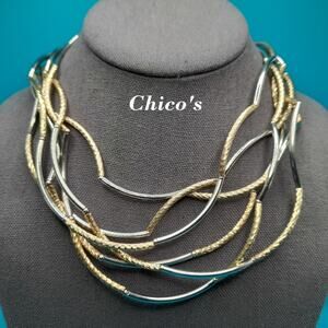 Chico's Gold Silver Tone Curved Bead Necklace, 38", Three Strands